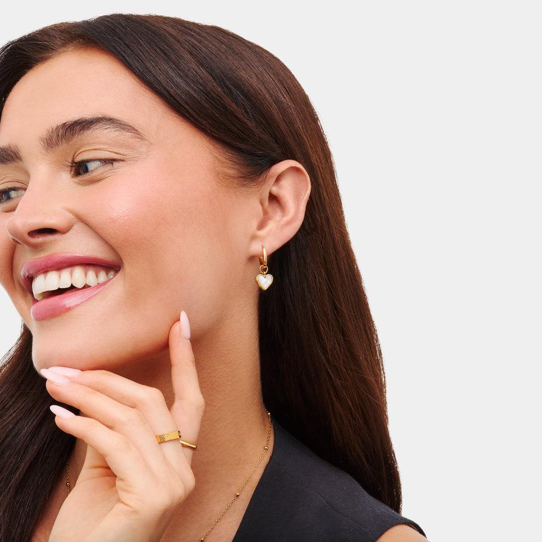 Gold White Quartz Heart Huggie Earrings