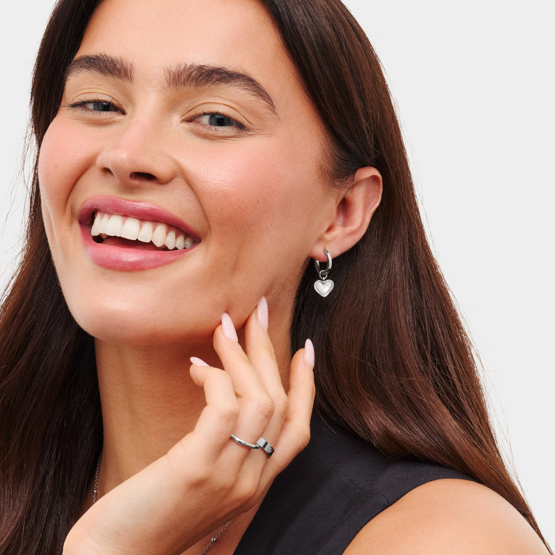 Silver White Quartz Heart Huggie Earrings