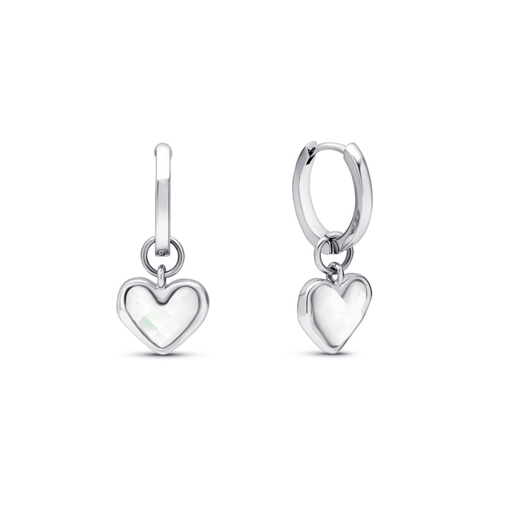 Silver White Quartz Heart Huggie Earrings
