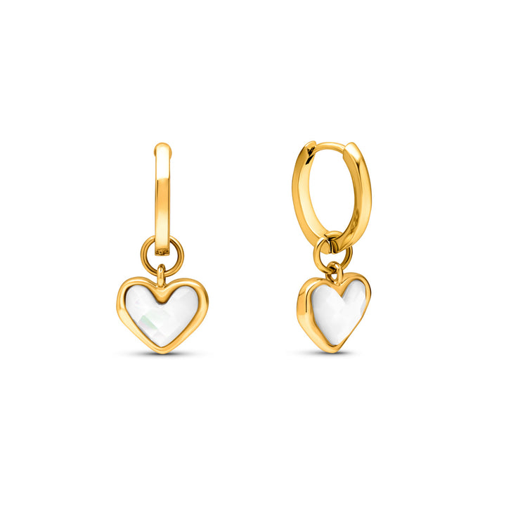 Gold White Quartz Heart Huggie Earrings