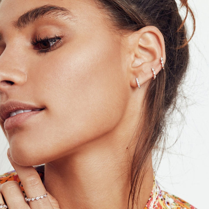 Silver Diamond Style Huggie Hoop Earrings