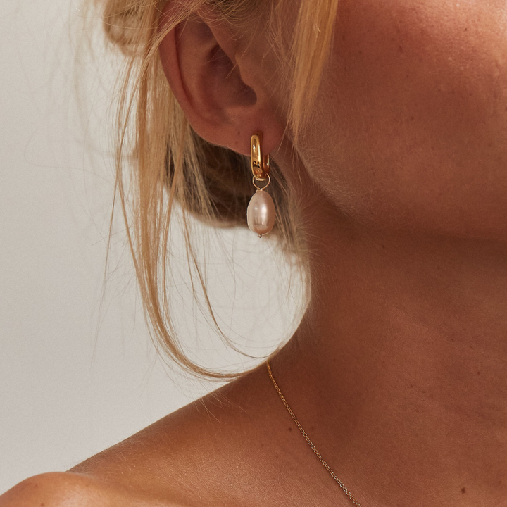 Gold Thick Squared Hoop Pearl Drop Earrings