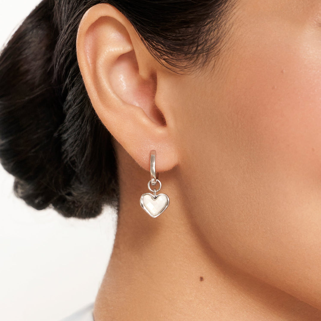 Silver White Quartz Heart Huggie Earrings