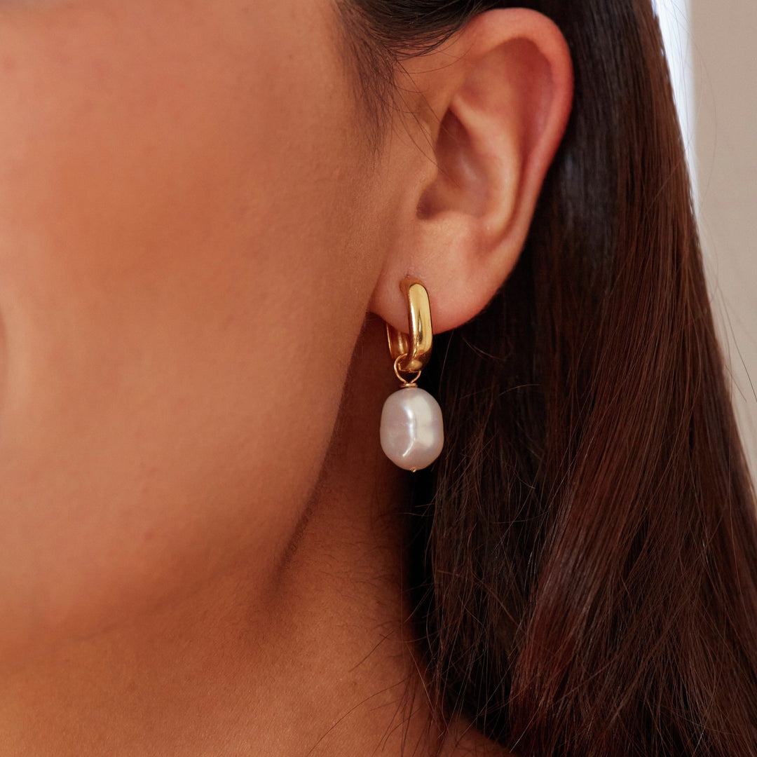Gold Thick Squared Hoop Pearl Drop Earrings