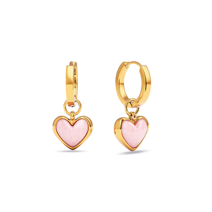Gold Pale Pink Opal Heart Huggie Earrings