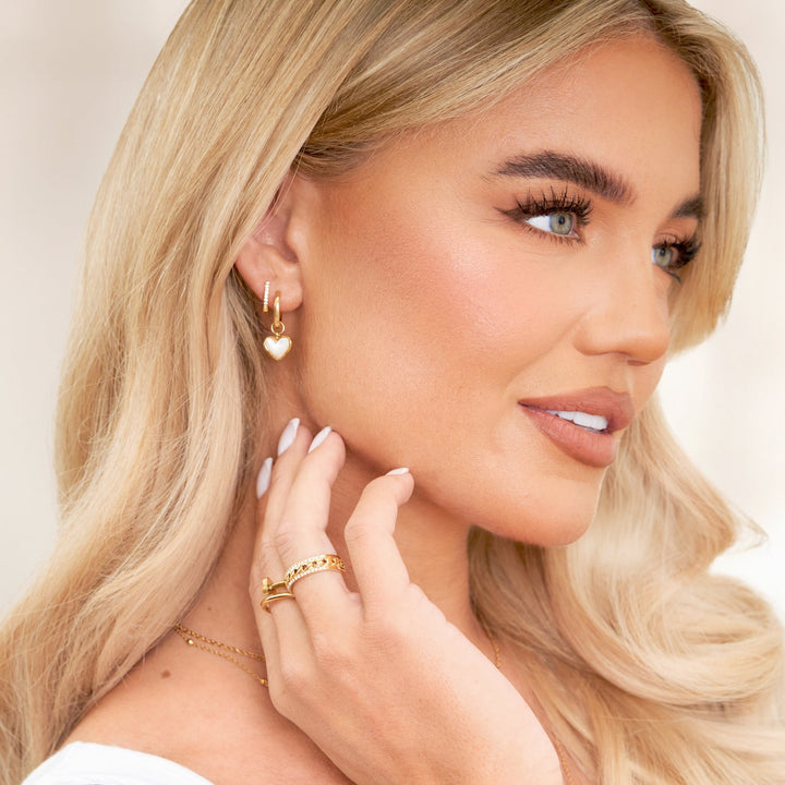 Gold White Quartz Heart Huggie Earrings