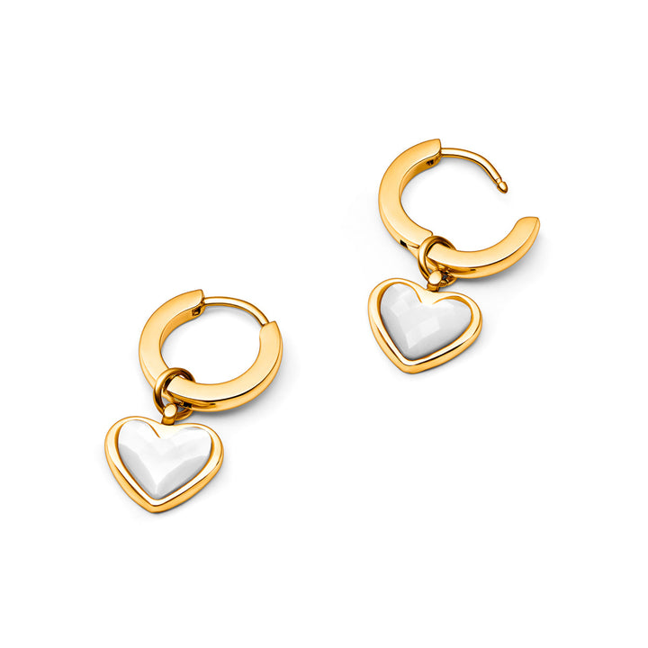 Gold White Quartz Heart Huggie Earrings
