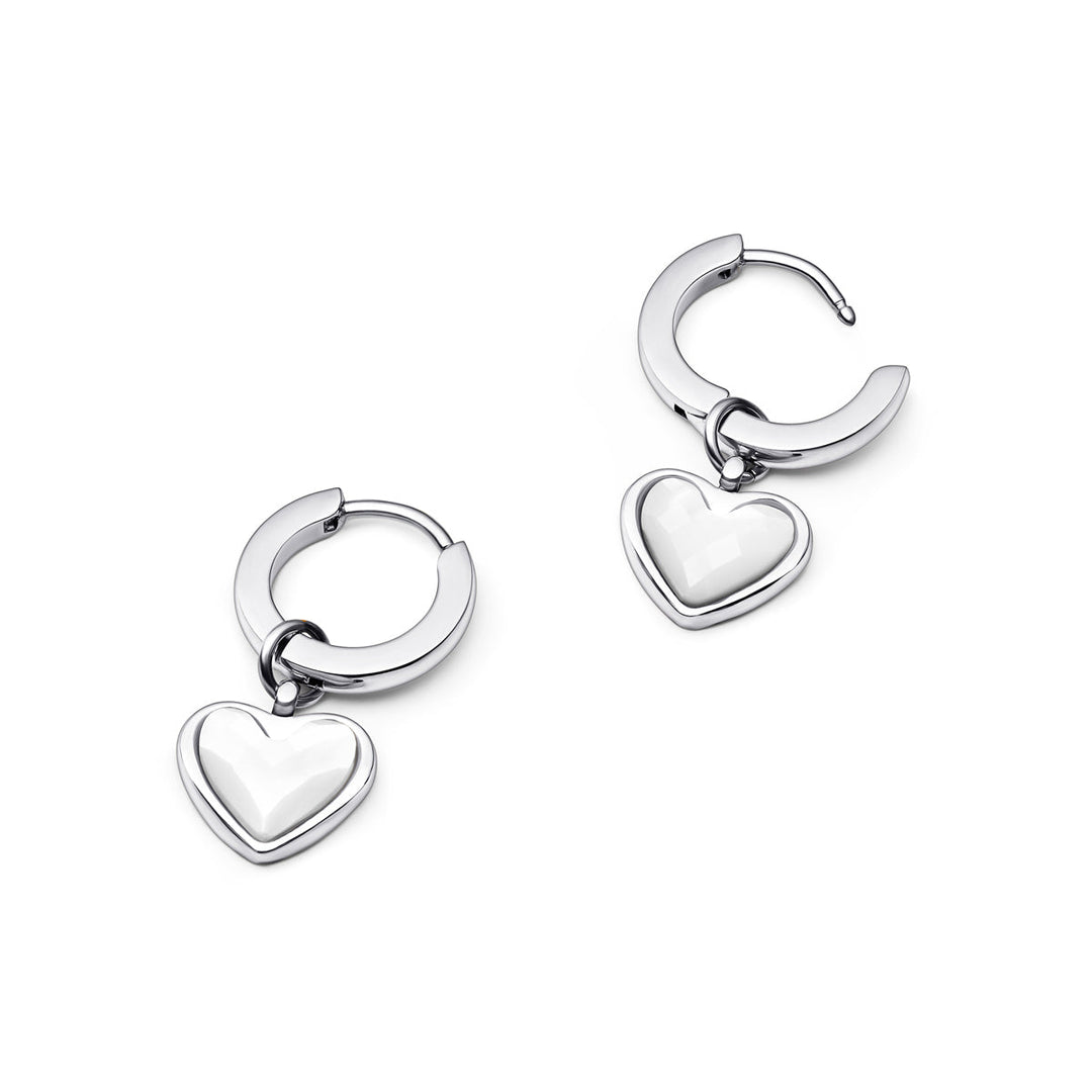 Silver White Quartz Heart Huggie Earrings