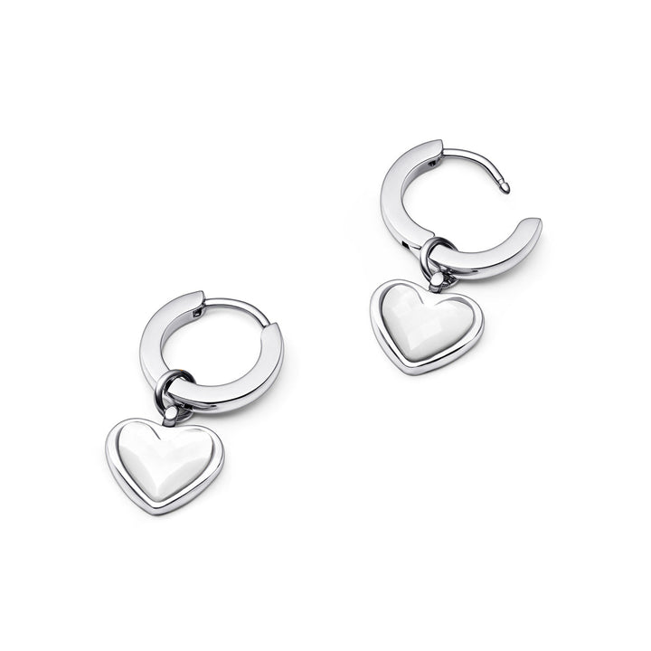 Silver White Quartz Heart Huggie Earrings